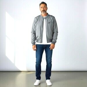 Members Only Men Bomber Jacket 42 Gray Zip Lined Insulated Elastic Waist Rainbow